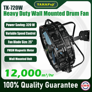 (PMSM) Heavy Duty Wall Mounted Drum Fan | 25" | 12,000m3/hr | 320W | TK-720W | TAKAFuji
