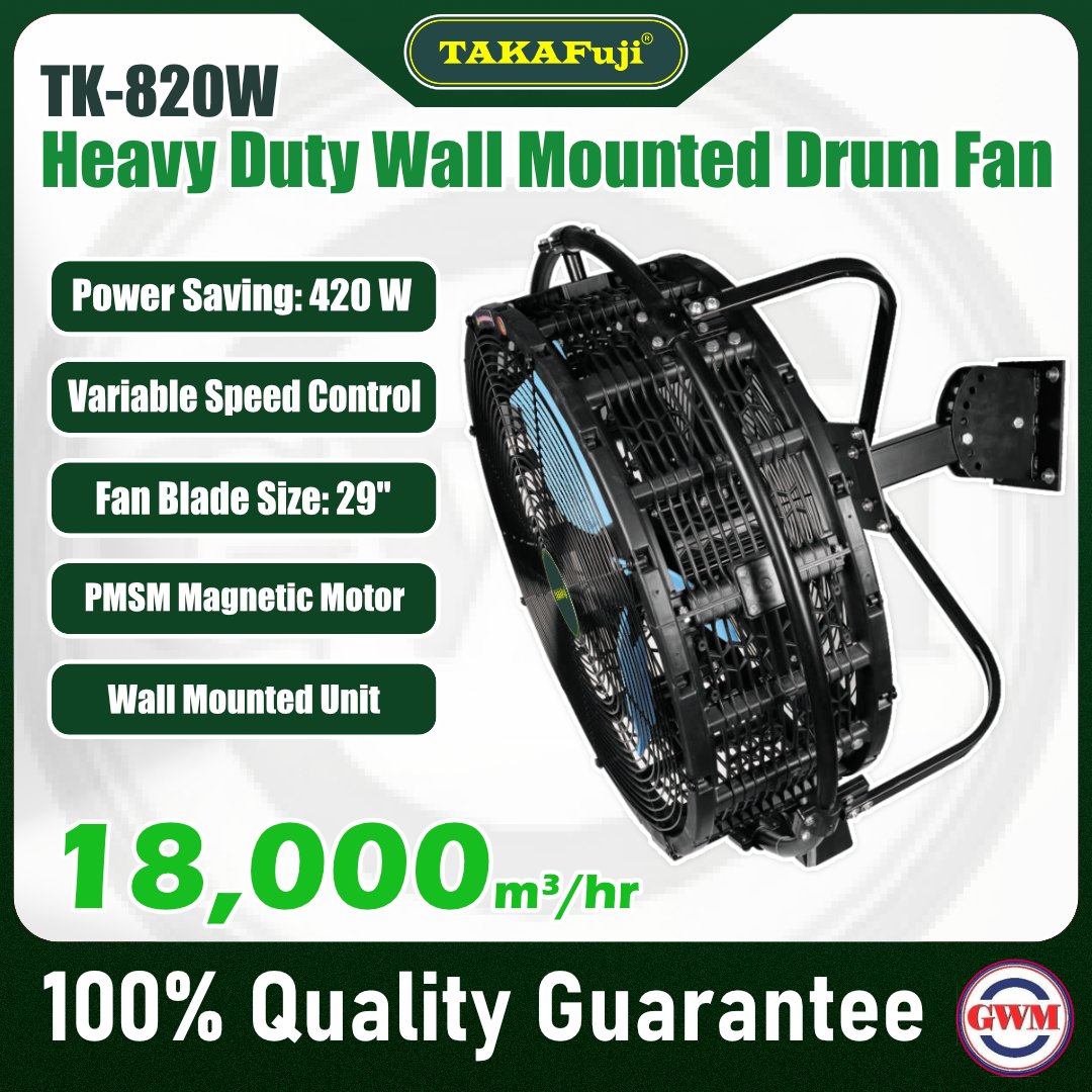 (PMSM) Heavy Duty Wall Mounted Drum Fan | 29" | 18,000m3/hr | 420W | TK-820W | TAKAFuji